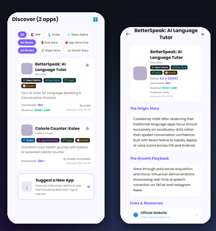 Indie Playbook app screens: the Discover directory and an app's origin story and growth playbook